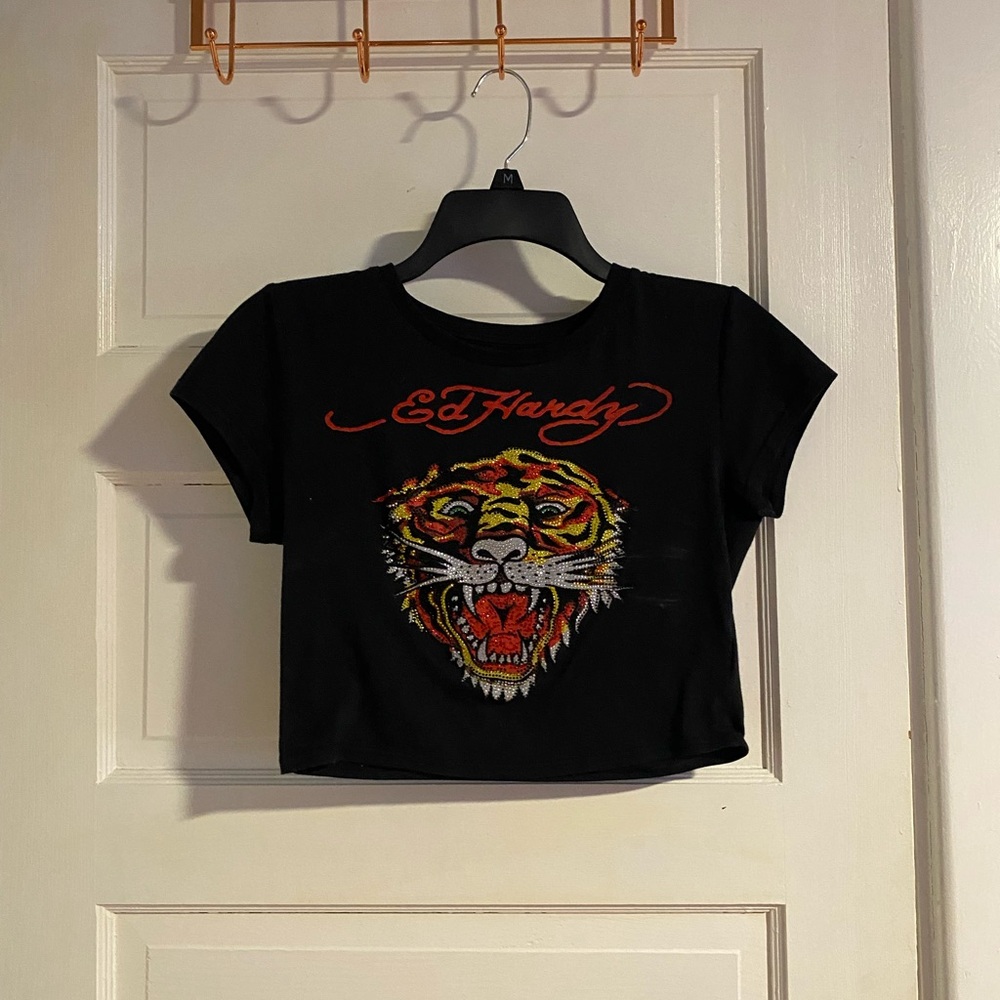 Ed Hardy Black Tiger Graphic Crop Top